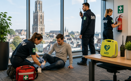 BHV'er controleert een brandblusser tijdens een veiligheidsronde in een bedrijf in Utrecht.